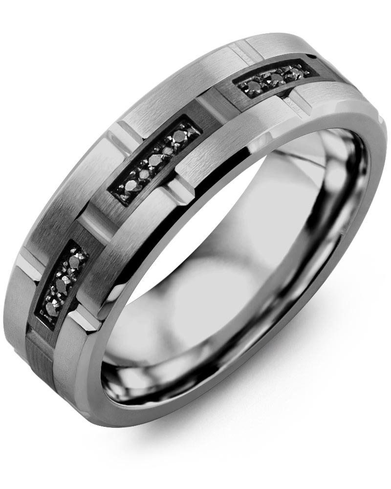Men's & Women's Cobalt Brush Grooves & Black Gold + 9 Black Diamonds 0.09ct Wedding Band from MADANI Rings. Wedding bands, fashion rings, promise rings, made of Tungsten, Ceramic, Cobalt, and Gold. View the collection at madanirings.com