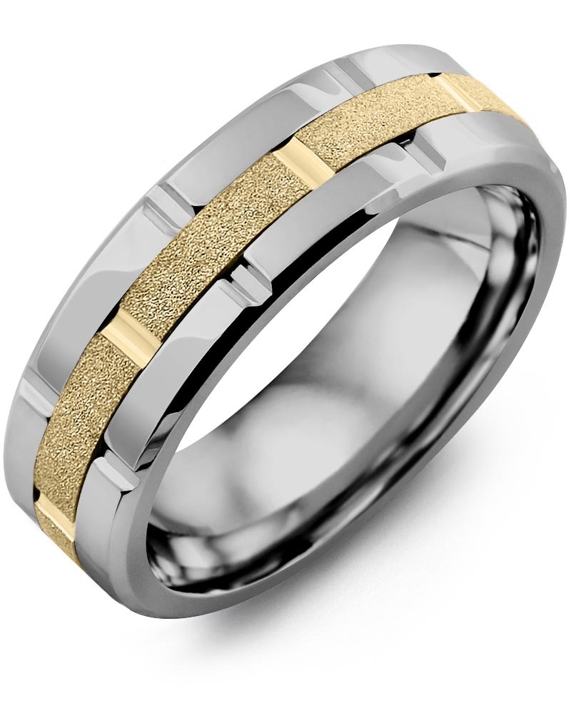 Men's & Women's Cobalt Polish Grooves & Yellow Gold Wedding Band