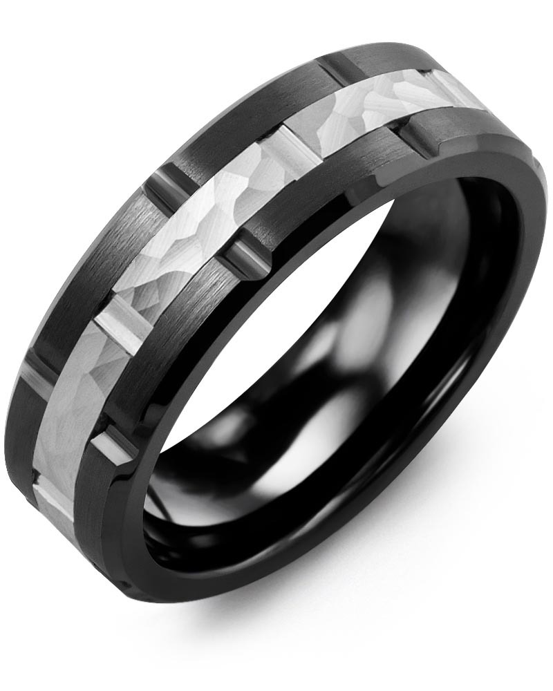 Men's & Women's Black Ceramic Brush Grooves & White Gold Wedding Band