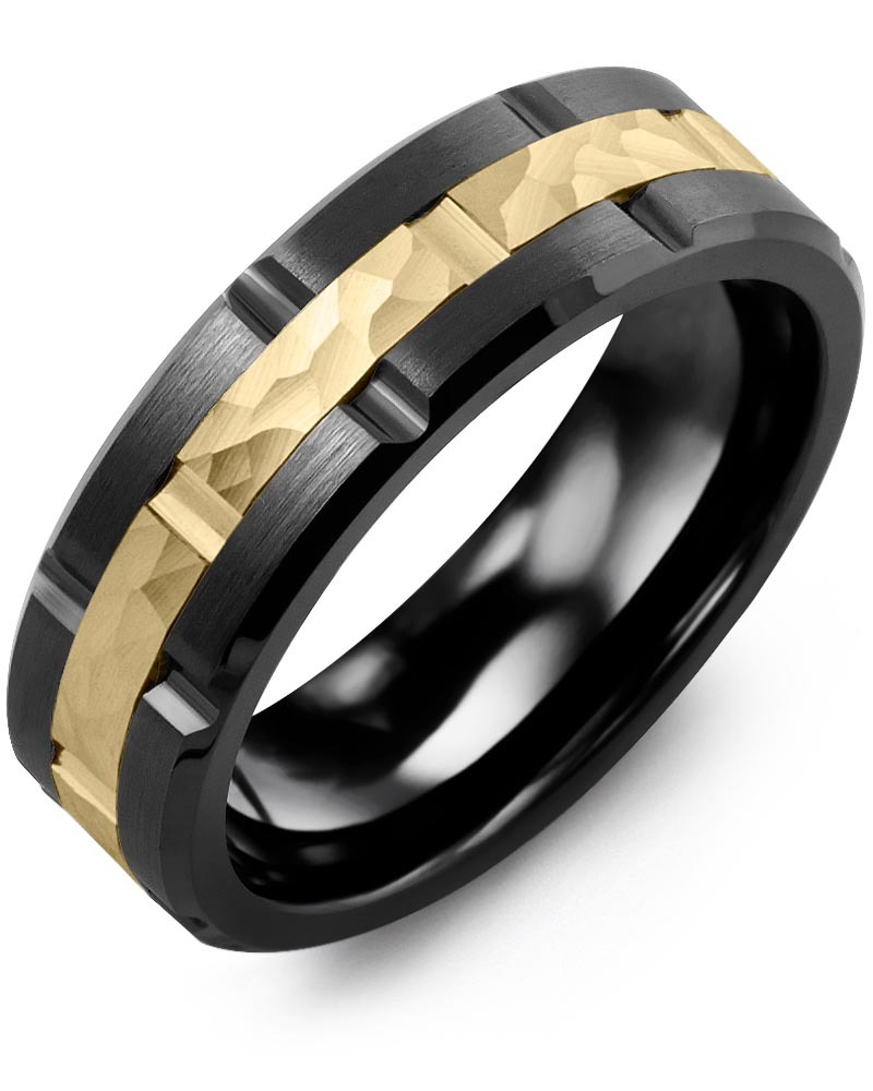 Men's & Women's Black Ceramic Brush Grooves & Yellow Gold Wedding Band