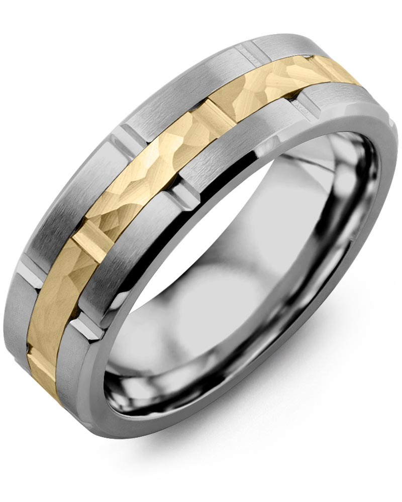Men's & Women's Tungsten Brush Grooves & Yellow Gold Wedding Band from MADANI Rings. Wedding bands, fashion rings, promise rings, made of Tungsten, Ceramic, Cobalt, and Gold. View the collection at madanirings.com