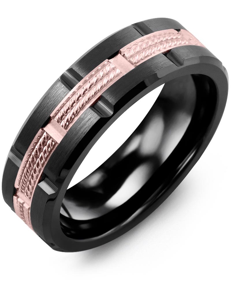 Men's & Women's Black Ceramic Brush Grooves & Rose Gold Wedding Band