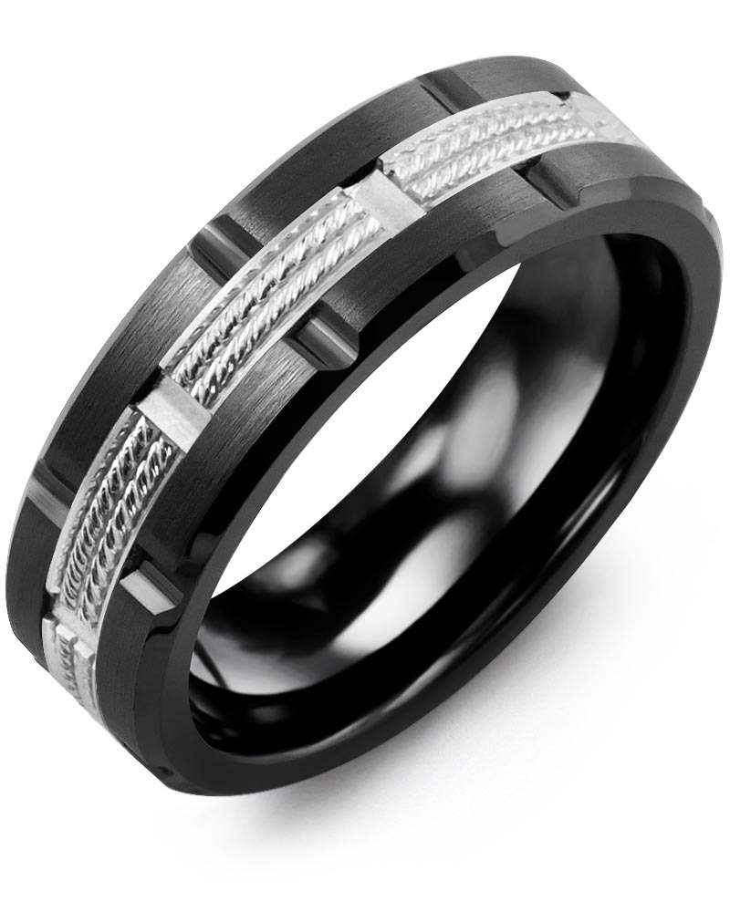 Men's & Women's Black Ceramic Brush Grooves & White Gold Wedding Band
