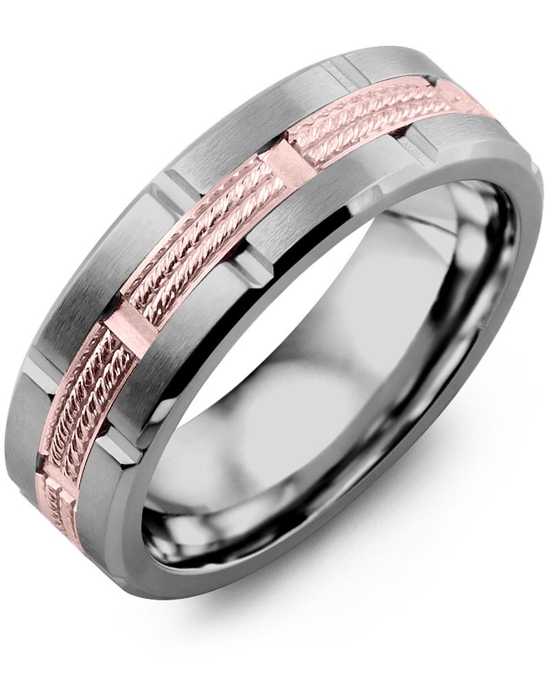 Men's & Women's Tungsten Brush Grooves & Rose Gold Wedding Band