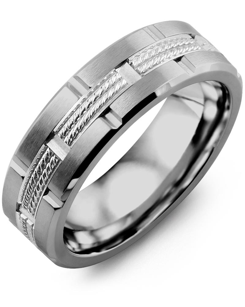 Men's & Women's Tungsten Brush Grooves & White Gold Wedding Band