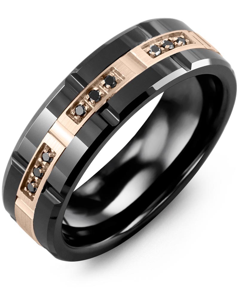 Men's & Women's Black Ceramic Polish Grooves & Rose Gold + 9 Black Diamonds 0.09ct Wedding Band