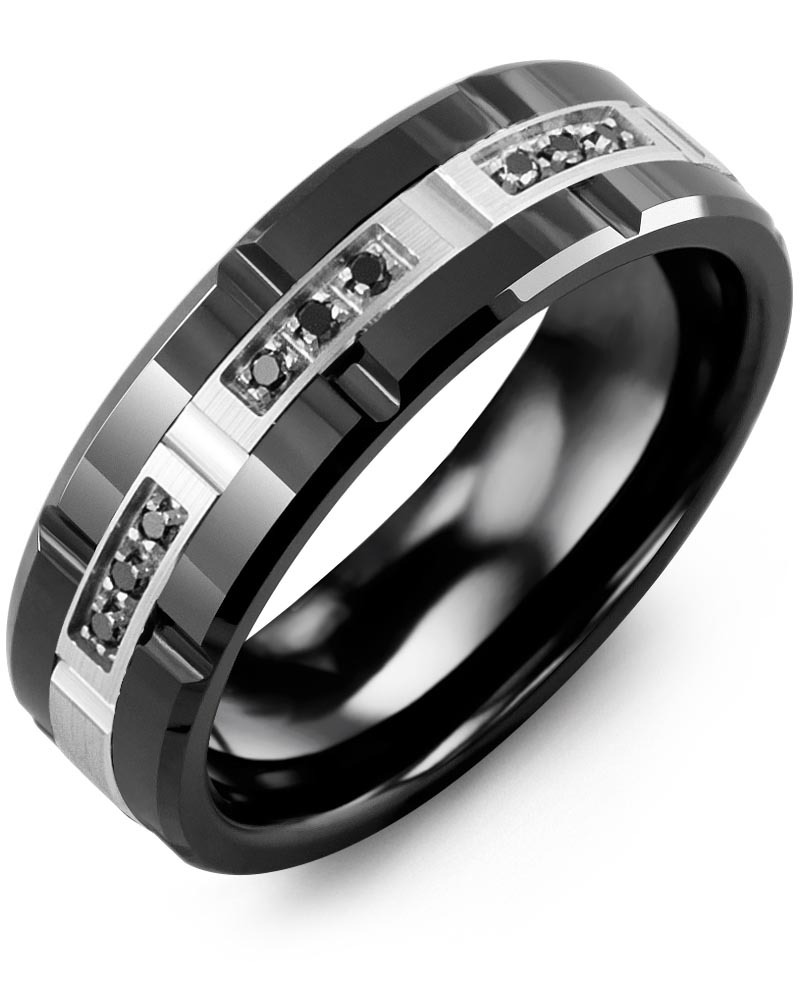 Men's & Women's Black Ceramic Polish Grooves & White Gold + 9 Black Diamonds 0.09ct Wedding Band