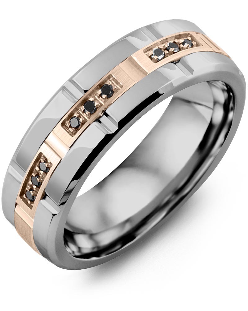 Men's & Women's Tungsten Polish Grooves & Rose Gold + 9 Black Diamonds 0.09ct Wedding Band