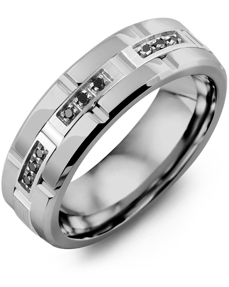 Men's & Women's Tungsten Polish Grooves & White Gold + 9 Black Diamonds 0.09ct Wedding Band from MADANI Rings. Wedding bands, fashion rings, promise rings, made of Tungsten, Ceramic, Cobalt, and Gold. View the collection at madanirings.com