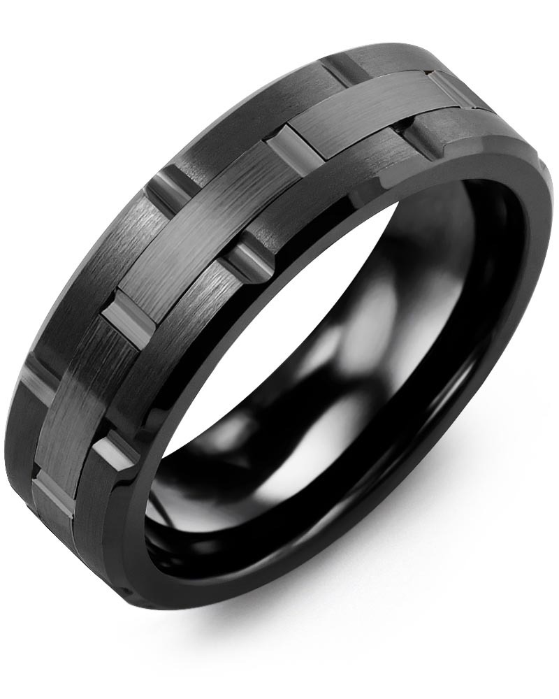 Men's & Women's Black Ceramic Brush Grooves & Black Gold Wedding Band