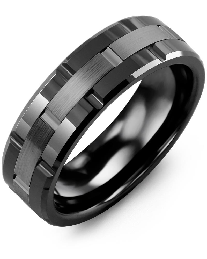 Men's & Women's Black Ceramic Polish Grooves & Black Gold Wedding Band