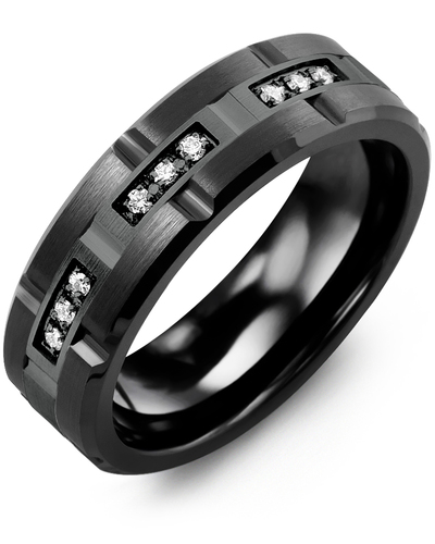 Men's & Women's Black Ceramic Brush Grooves & Black Gold + 9 Diamonds 0.09ct Wedding Band from MADANI Rings. Wedding bands, fashion rings, promise rings, made of Tungsten, Ceramic, Cobalt, and Gold. View the collection at madanirings.com