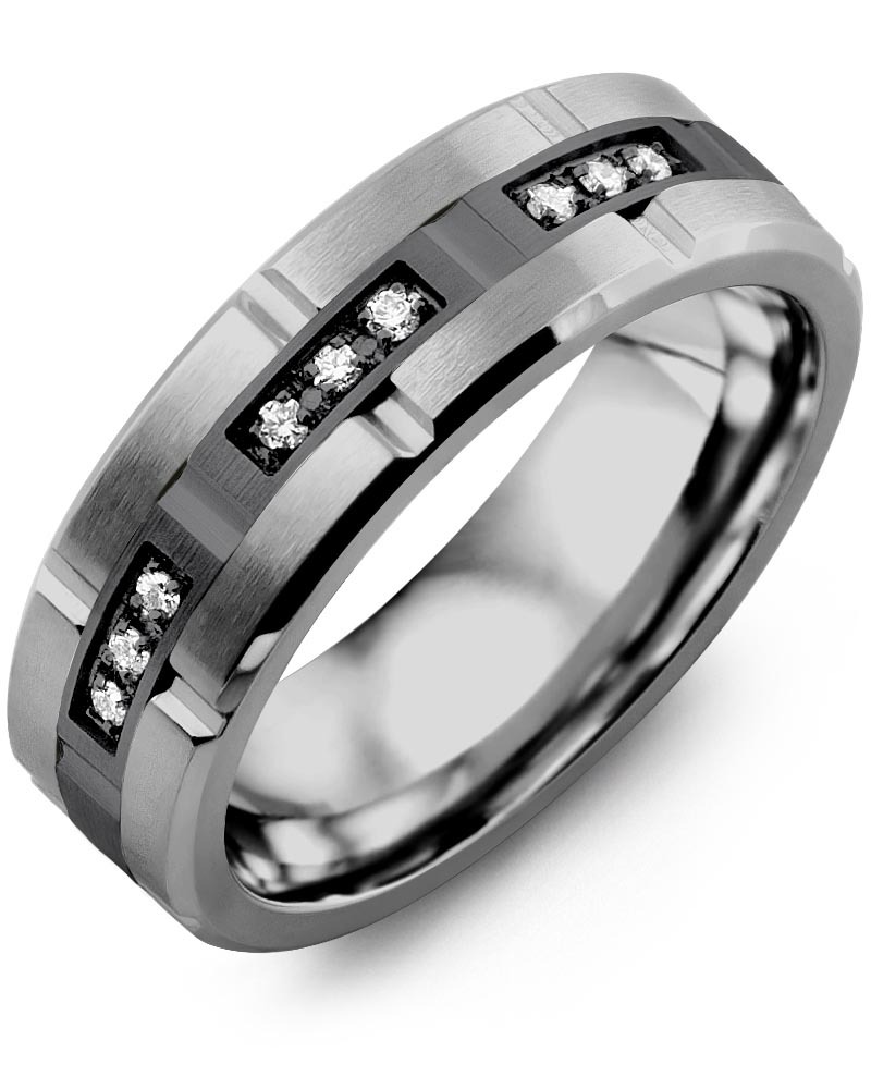 Men's & Women's Tungsten Brush Grooves & Black Gold + 9 Diamonds 0.09ct Wedding Band