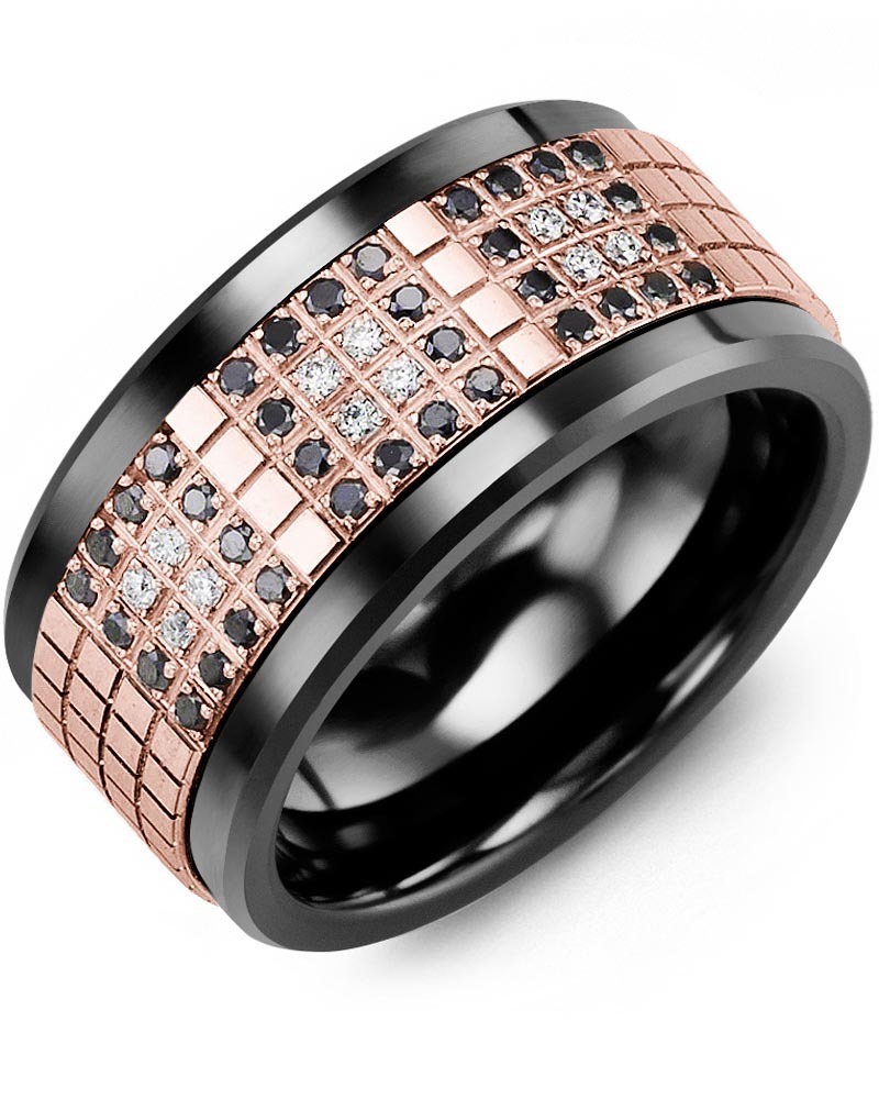 Men's & Women's Black Ceramic & Rose Gold + 48 Black White Diamonds 0.48ct Wedding Band