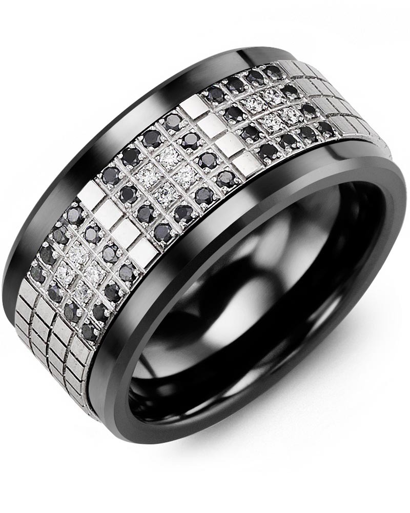 Men's & Women's Black Ceramic & White Gold + 48 Black White Diamonds 0.48ct Wedding Band from MADANI Rings. Wedding bands, fashion rings, promise rings, made of Tungsten, Ceramic, Cobalt, and Gold. View the collection at madanirings.com