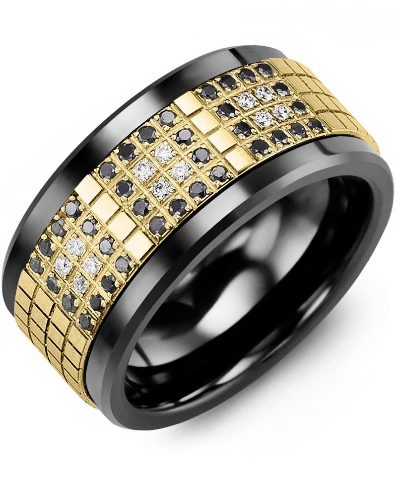Men's & Women's Black Ceramic & Yellow Gold + 48 Black White Diamonds 0.48ct Wedding Band