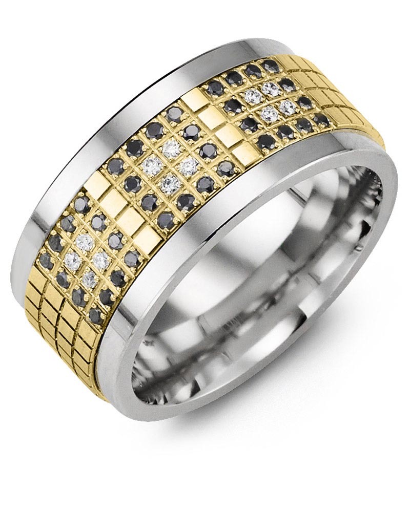 Men's & Women's Tungsten & Yellow Gold + 48 Black White Diamonds 0.48ct Wedding Band