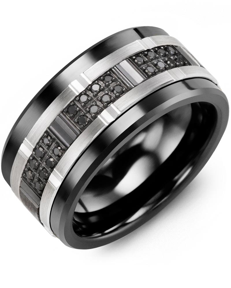 Men's & Women's Black Ceramic & White/Black Gold + 24 Black Diamonds 0.24ct Wedding Band