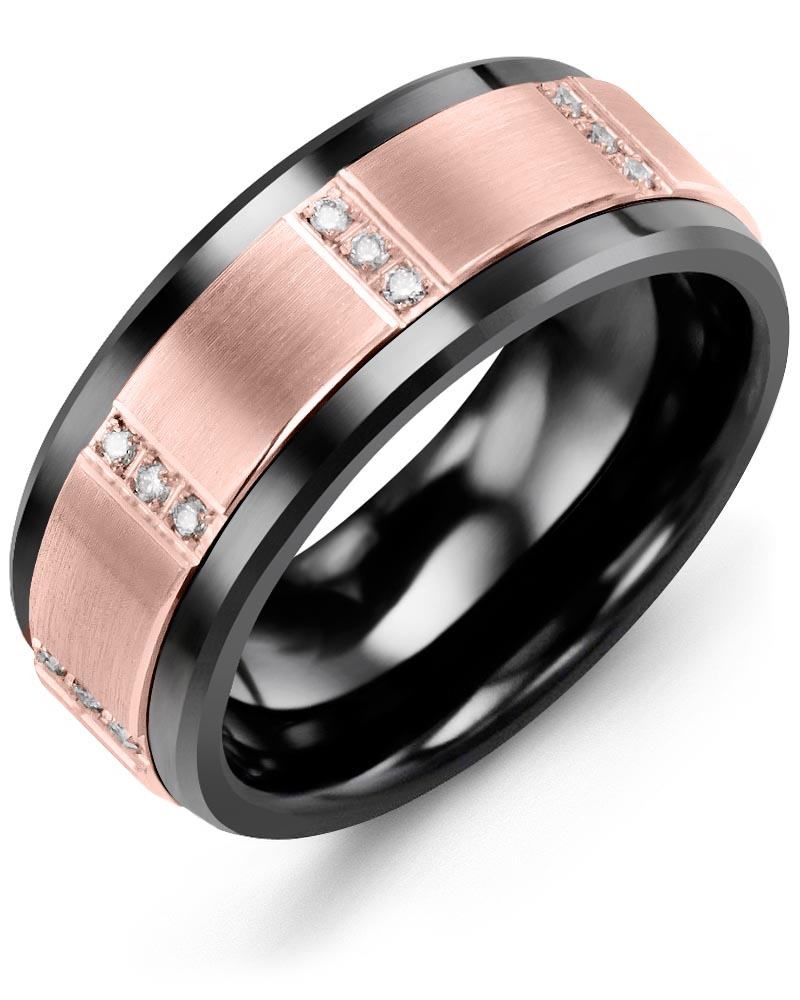 Men's & Women's Black Ceramic & Rose Gold + 12 Diamonds 0.12ct Wedding Band