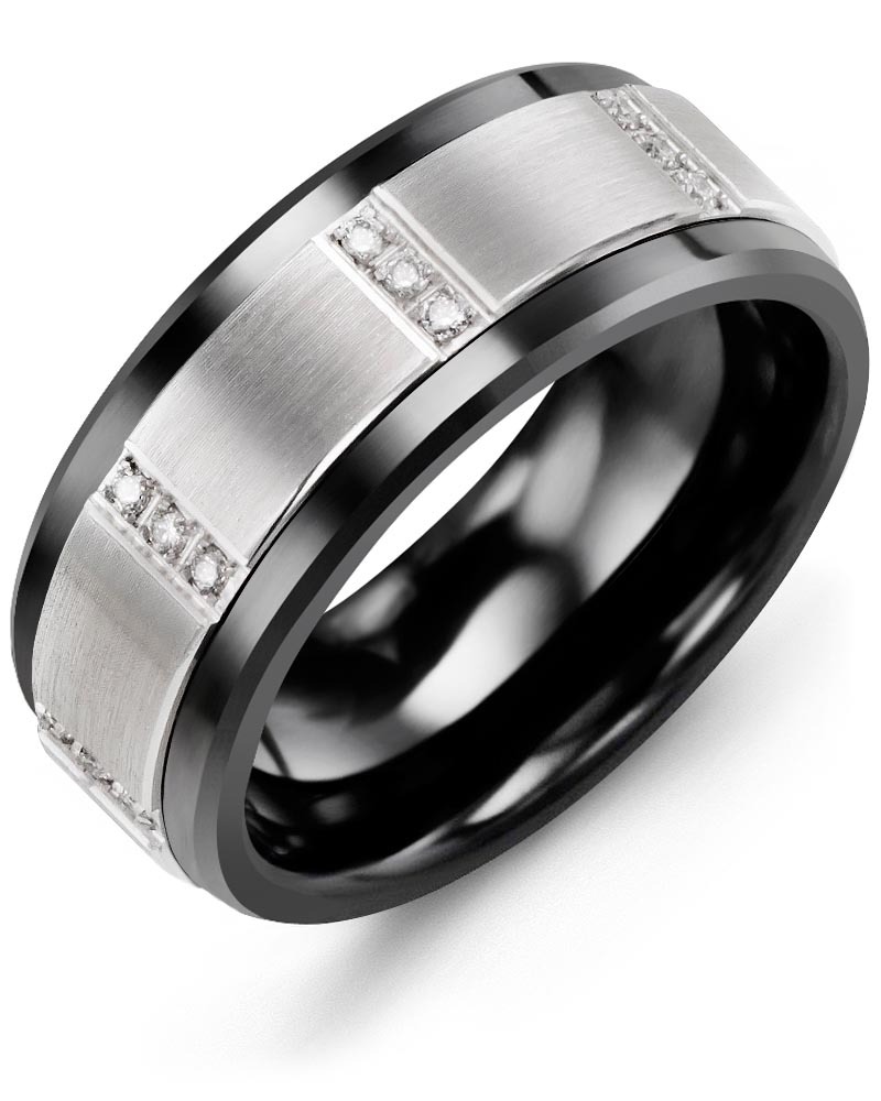 Men's & Women's Black Ceramic & White Gold + 12 Diamonds 0.12ct Wedding Band