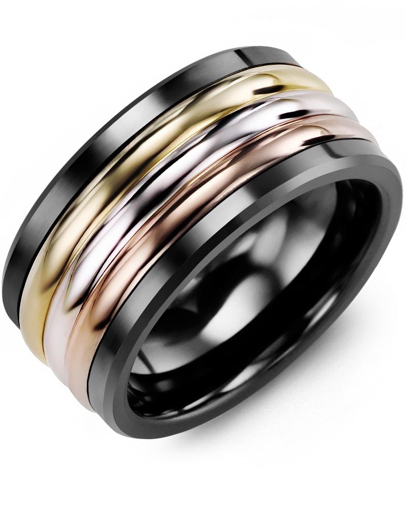 Men's & Women's Black Ceramic & Yellow White Rose Gold Wedding Band