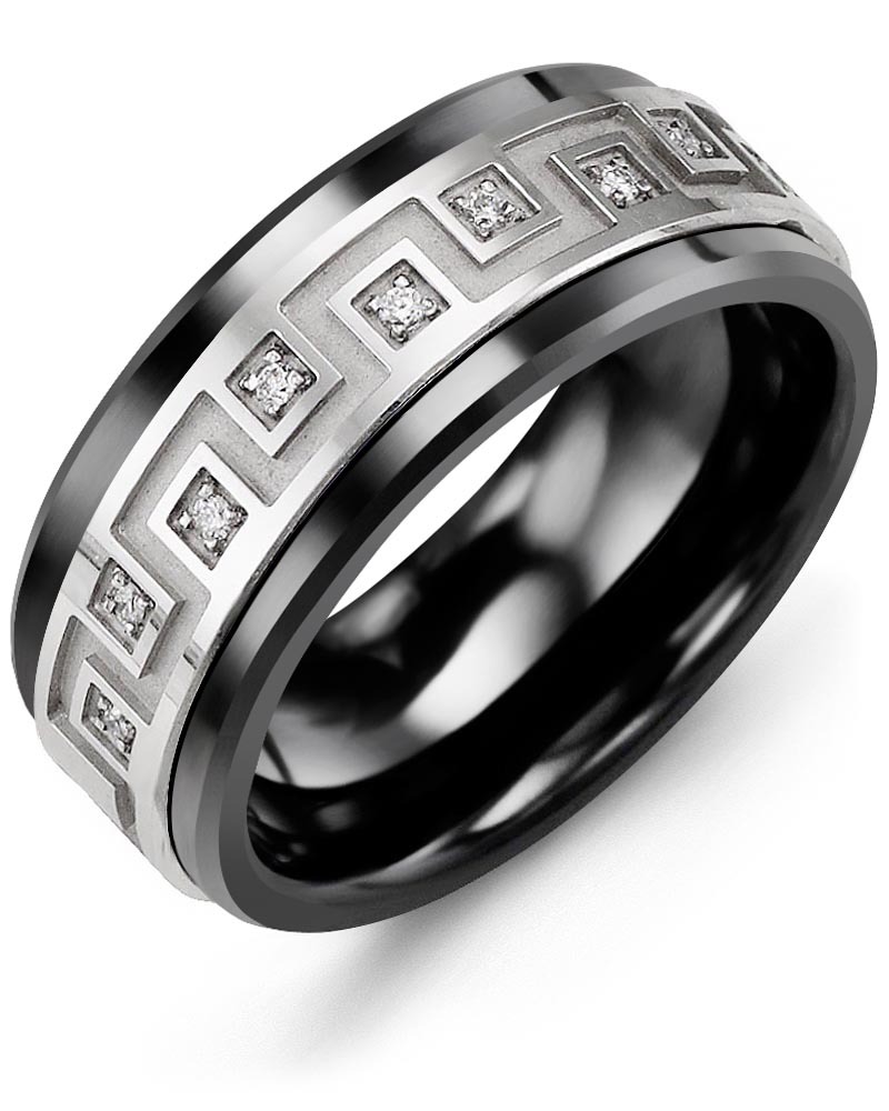 Men's & Women's Black Ceramic & White Gold + 9 Diamonds 0.09ct Wedding Band
