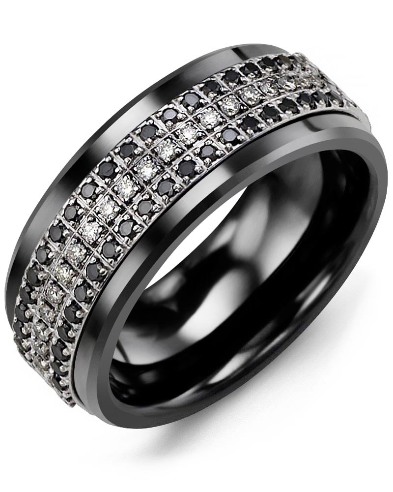 Men's & Women's Black Ceramic & White Gold + 63 Black White Diamonds 0.63ct Wedding Band