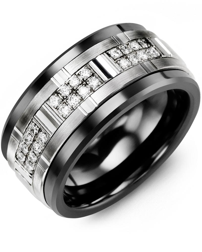 Men's & Women's Black Ceramic & White Gold + 24 Diamonds 0.24ct Wedding Band