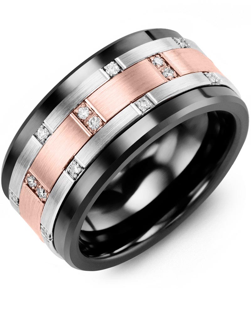 Men's & Women's Black Ceramic & White/Rose Gold + 14 Diamonds 0.14ct Wedding Band