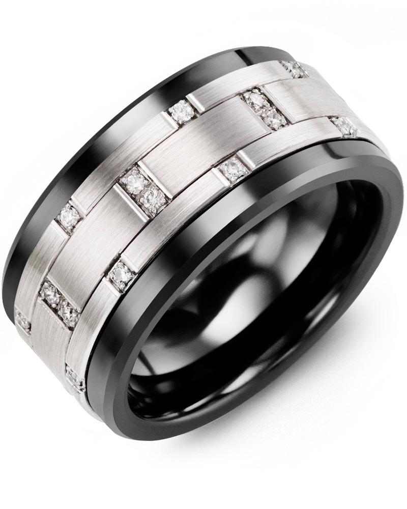 Men's & Women's Black Ceramic & White Gold + 14 Diamonds 0.14ct Wedding Band