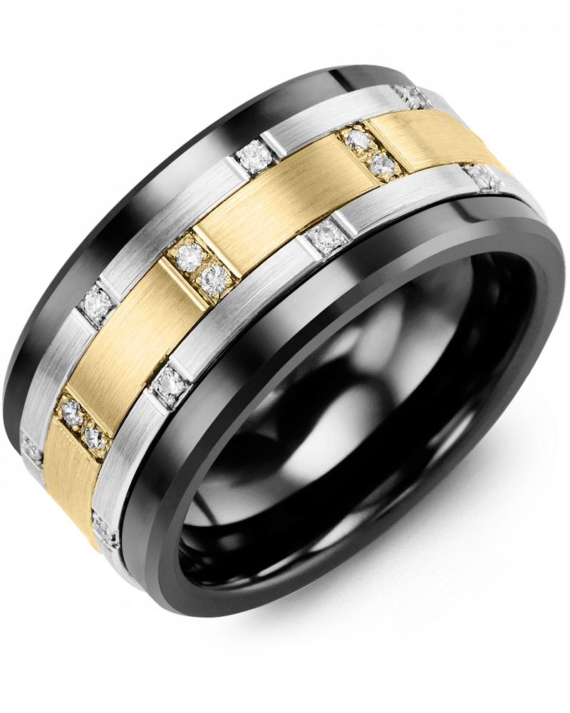 Men's & Women's Black Ceramic & White/Yellow Gold + 14 Diamonds 0.14ct Wedding Band