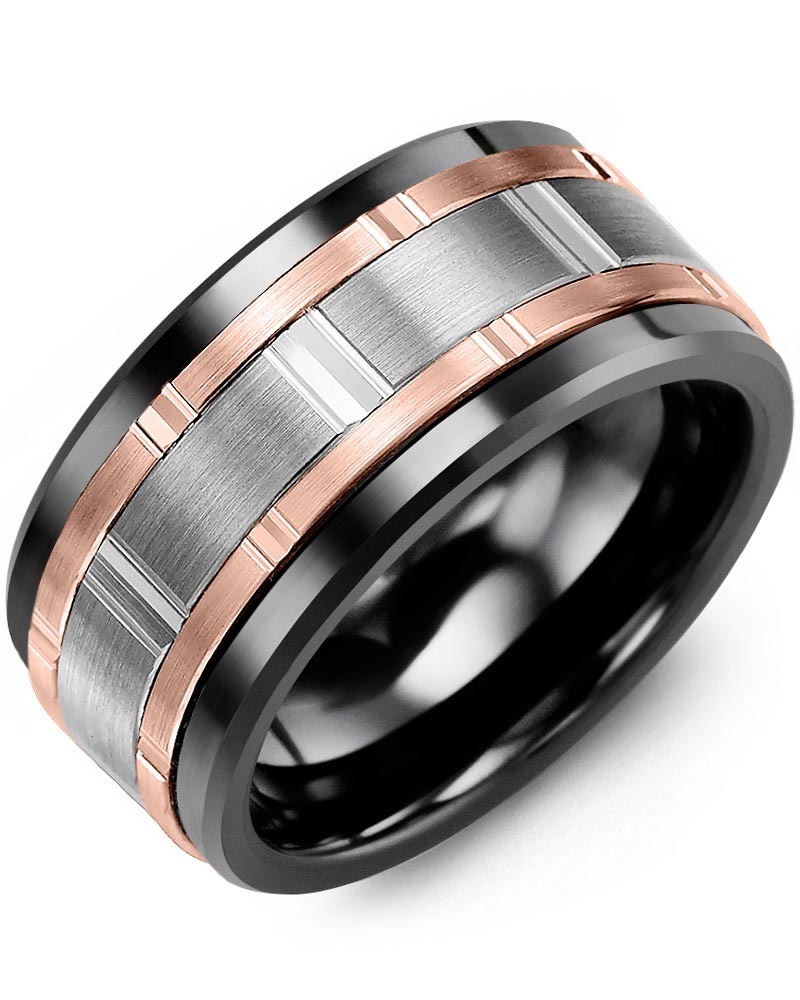 Men's & Women's Black Ceramic & White/Rose Gold Wedding Band from MADANI Rings. Wedding bands, fashion rings, promise rings, made of Tungsten, Ceramic, Cobalt, and Gold. View the collection at madanirings.com
