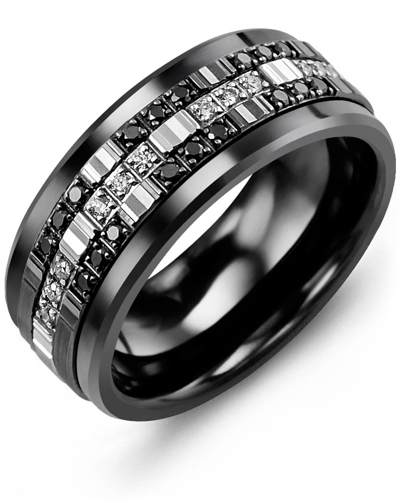 Men's & Women's Black Ceramic & White/Black Gold + 30 Black White Diamonds 0.30ct Wedding Band