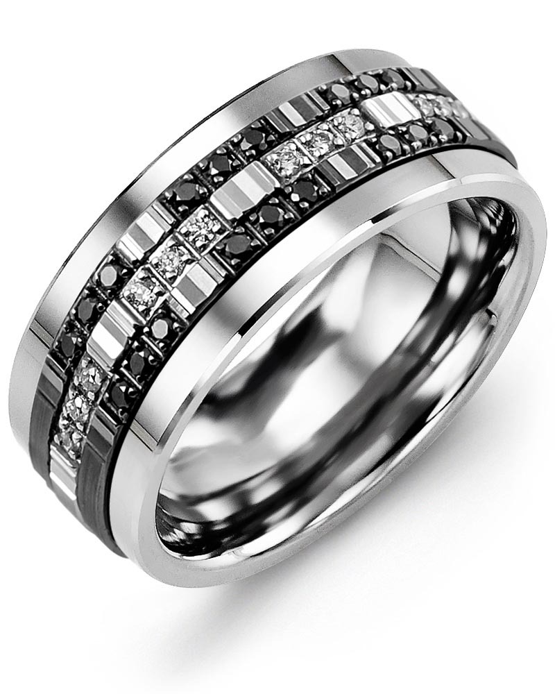 Men's & Women's Tungsten & White/Black Gold + 30 Black White Diamonds 0.30ct Wedding Band from MADANI Rings. Wedding bands, fashion rings, promise rings, made of Tungsten, Ceramic, Cobalt, and Gold. View the collection at madanirings.com