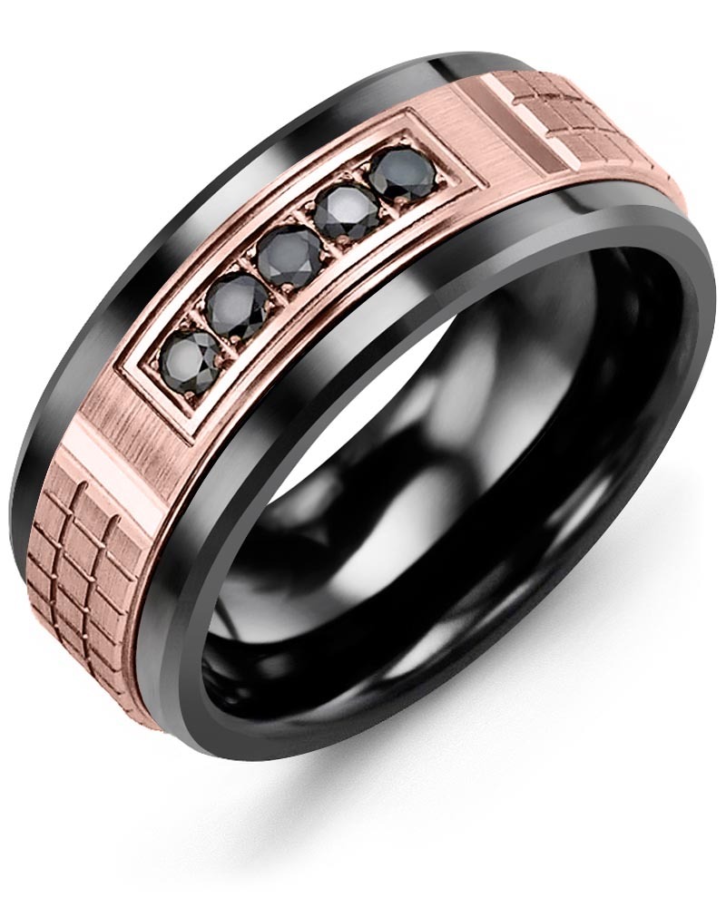 Men's & Women's Black Ceramic & Rose Gold + 5 Black Diamonds 0.15ct Wedding Band