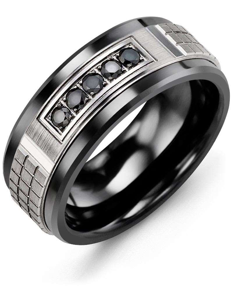 Men's & Women's Black Ceramic & White Gold + 5 Black Diamonds 0.15ct Wedding Band