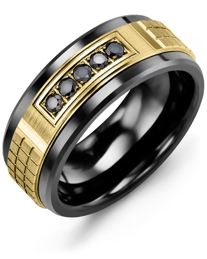 Men's & Women's Black Ceramic & Yellow Gold + 5 Black Diamonds 0.15ct Wedding Band