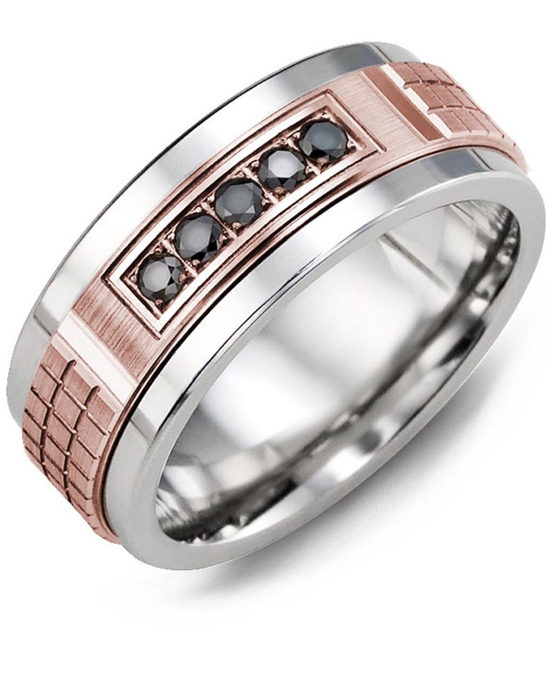 Men's & Women's Tungsten & Rose Gold + 5 Black Diamonds 0.15ct Wedding Band