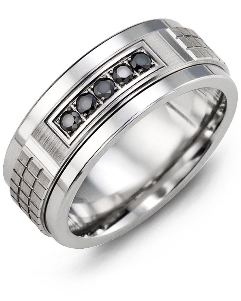 Men's & Women's Tungsten & White Gold + 5 Black Diamonds 0.15ct Wedding Band from MADANI Rings. Wedding bands, fashion rings, promise rings, made of Tungsten, Ceramic, Cobalt, and Gold. View the collection at madanirings.com
