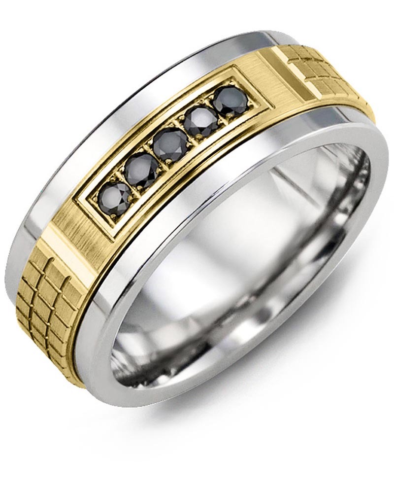 Men's & Women's Tungsten & Yellow Gold + 5 Black Diamonds 0.15ct Wedding Band
