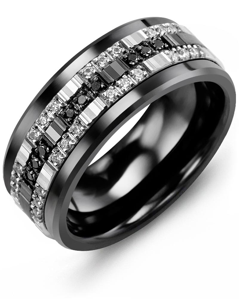 Men's Black White Trio Diamond Wedding Band Men's Black White Trio Diamond Wedding Band