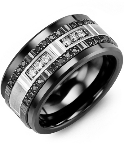 Men's & Women's Black Ceramic & White/Black Gold + 30 Black White Diamonds 0.36ct Wedding Band