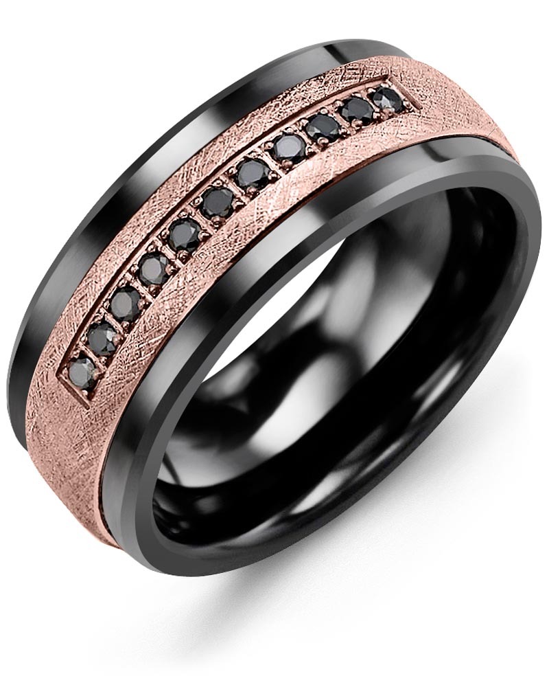 Men's & Women's Black Ceramic & Rose Gold + 11 Black Diamonds 0.11ct Wedding Band