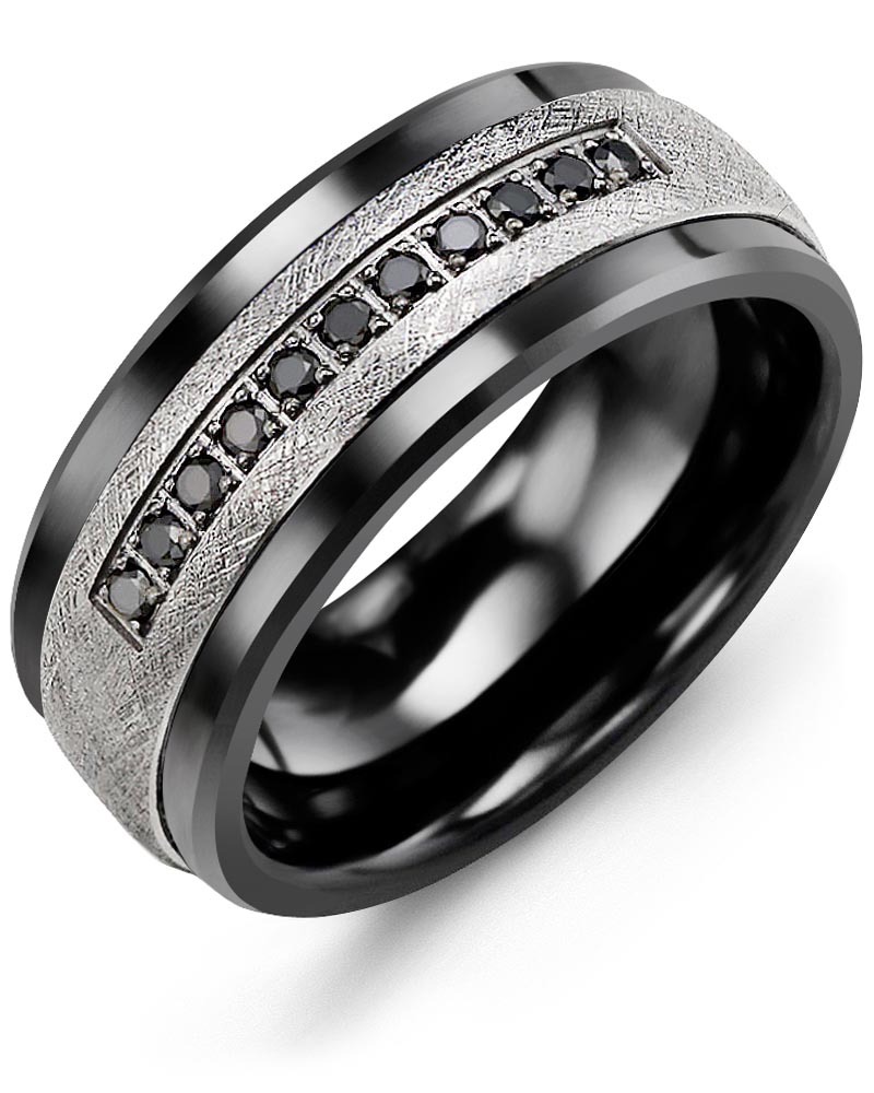 Men's & Women's Black Ceramic & White Gold + 11 Black Diamonds 0.11ct Wedding Band