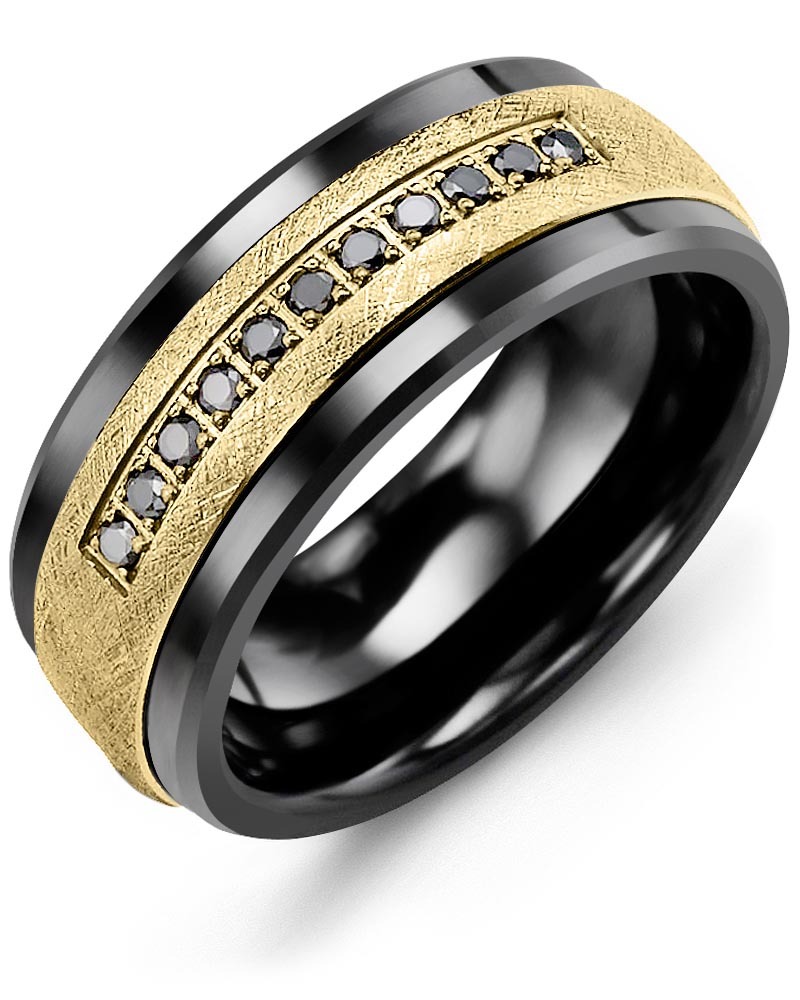 Men's & Women's Black Ceramic & Yellow Gold + 11 Black Diamonds 0.11ct Wedding Band