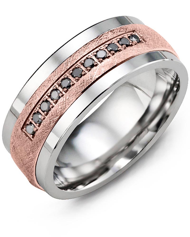 Men's & Women's Cobalt & Rose Gold + 11 Black Diamonds 0.11ct Wedding Band