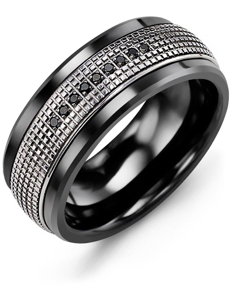 Men's & Women's Black Ceramic & White Gold + 9 Black Diamonds 0.09ct Wedding Band from MADANI Rings. Wedding bands, fashion rings, promise rings, made of Tungsten, Ceramic, Cobalt, and Gold. View the collection at madanirings.com