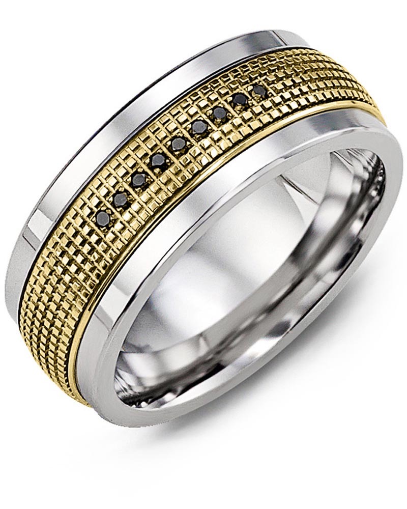 Men's & Women's Tungsten & Yellow Gold + 9 Black Diamonds 0.09ct Wedding Band