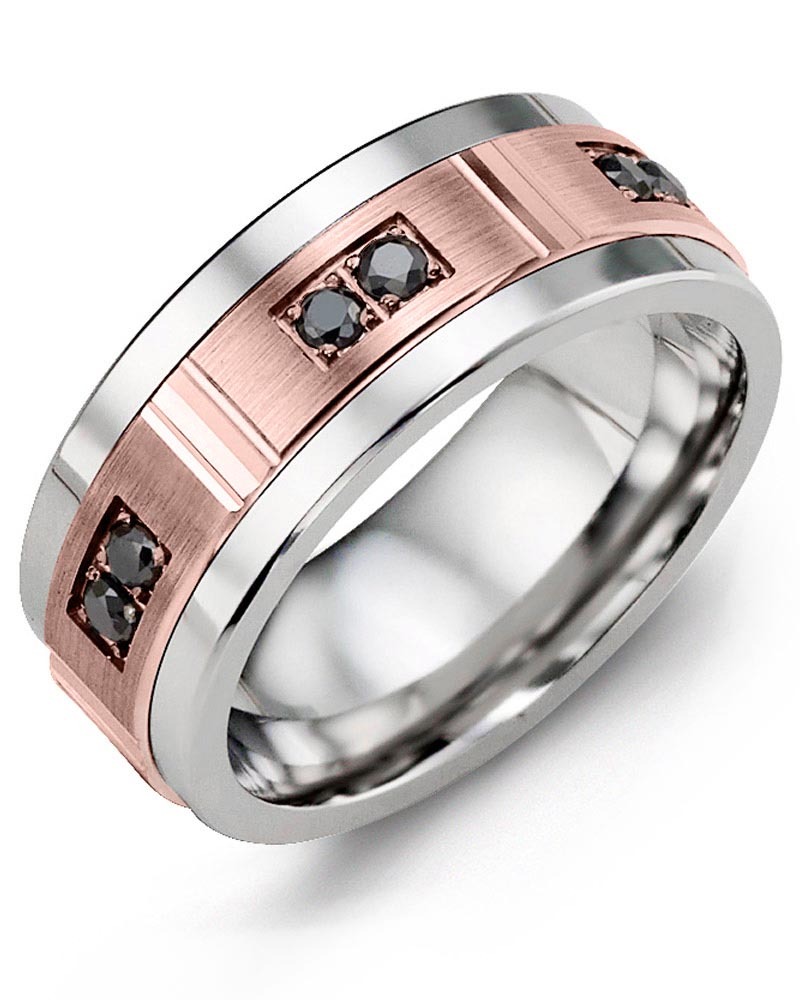 Men's & Women's Cobalt & Rose Gold + 6 Black Diamonds 0.18ct Wedding Band
