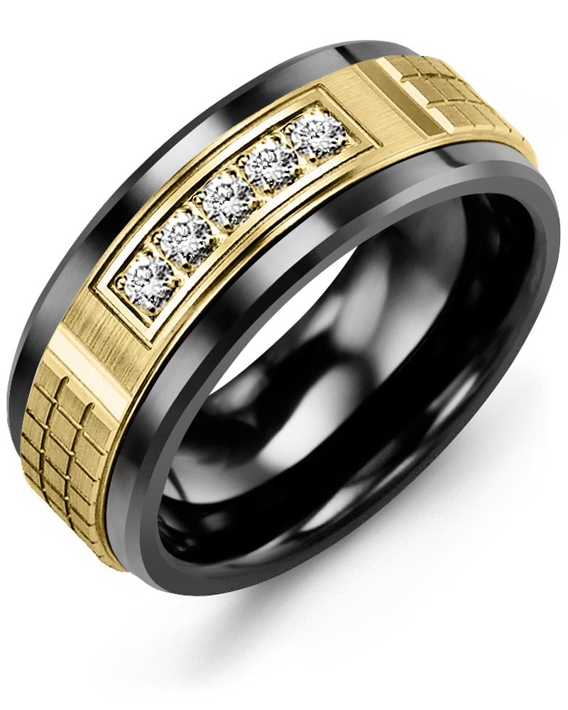 Men's & Women's Black Ceramic & Yellow Gold + 5 Diamonds 0.15ct Wedding Band
